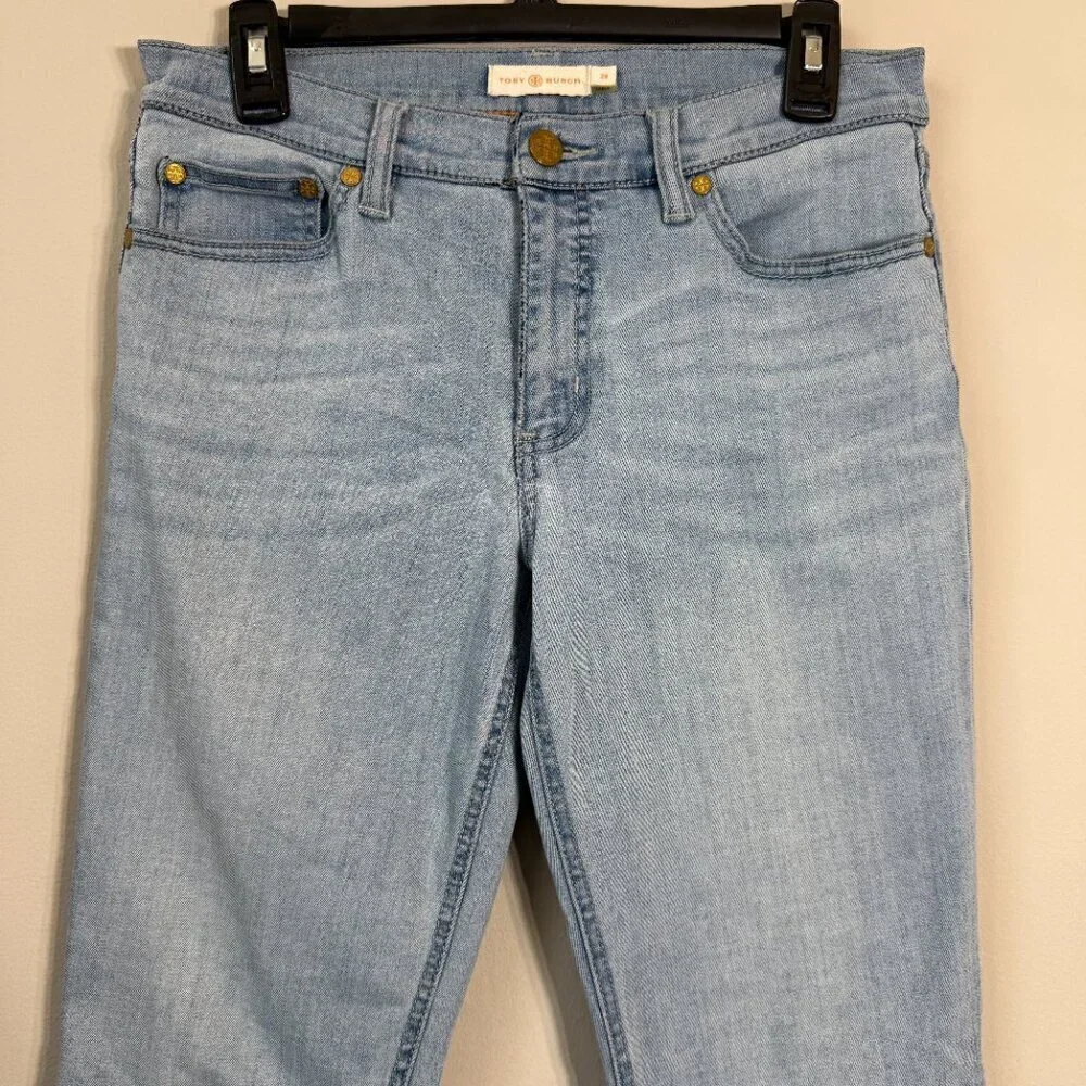 Tory Burch Straight Leg Denim Jeans Womens 28 Blue Stretch Logo Designer Classic